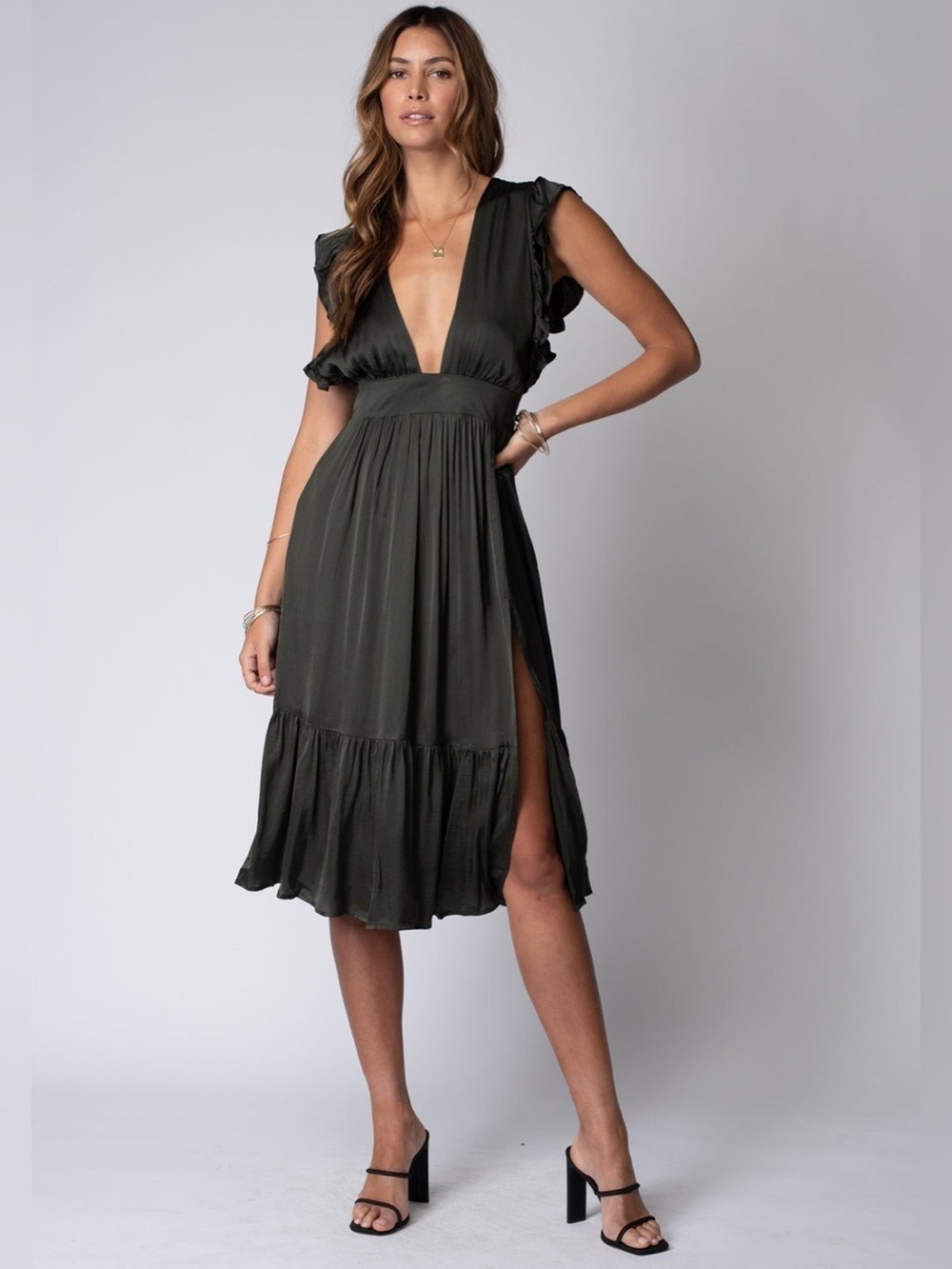 Stillwater Jessie Midi Dress Black Ruffle Sleeve XS